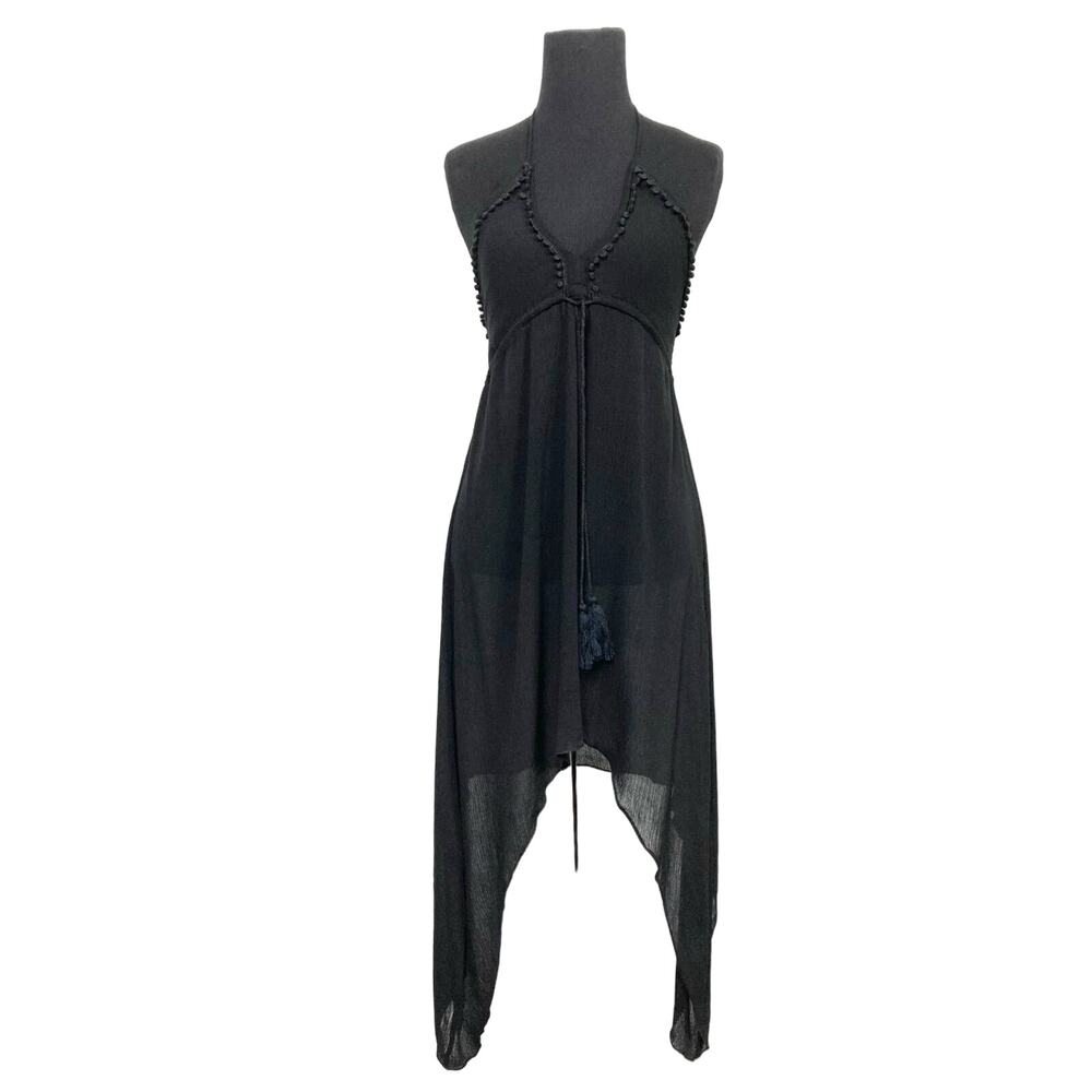NWT PARADISE USA Dress M~S Black Crinkle PomPom-Trim Halter Tassel Hi-Low Smoked